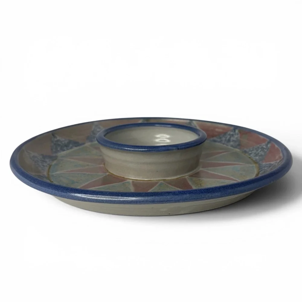 Signed‎ Handcrafted Art Pottery Chip & Dip Platter Tray Southwestern Geometric